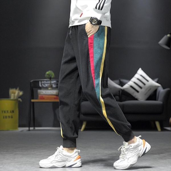 

and women hip color block pants patchwork corduroy cargo harem streetwear harajuku jogger sweatpant cotton trousers, Black