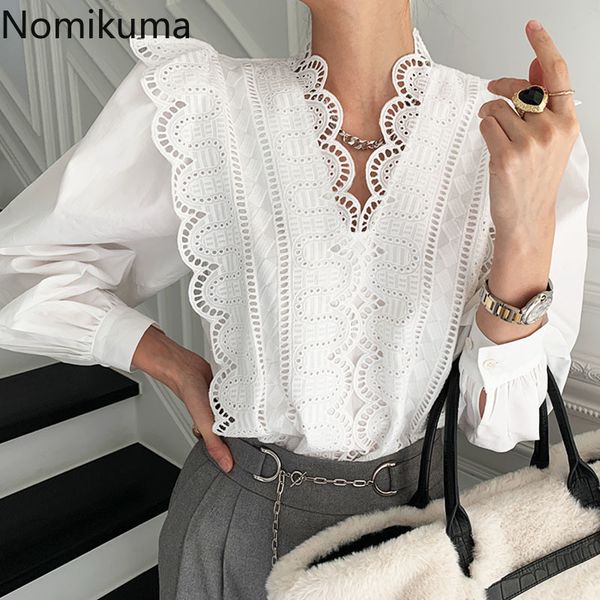 

nomikuma lace ruffle patchwork women blouse puff long sleeve v-neck elegant blusas spring new pullover shirt 6e071 210427, White
