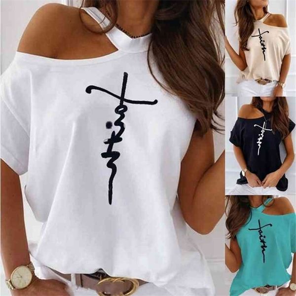 

printed t-shirt women plus size ladies one-shoulder letter summer loose and cute fashion strapless 210720, White
