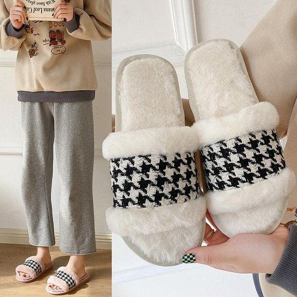 

slippers 2021 winter fashion women's home faux fur warm shoes flat suede womans, Black