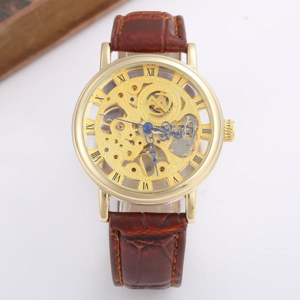 

luxury men watches fashion gold skeleton mechanical hand wind leather strap casual wristwatches goer, Slivery;brown