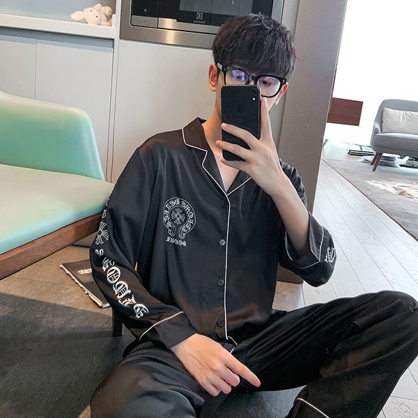 

65% off outlet online store new men's pajamas casual loose thin cardigan long sleeve home wear trousers suit can be worn out, Black;brown