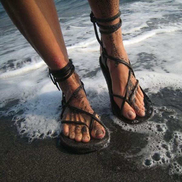 

classics leisure women gladiator flat sandals solid rubber summer beach ankle strap front rear rome shoes, Black