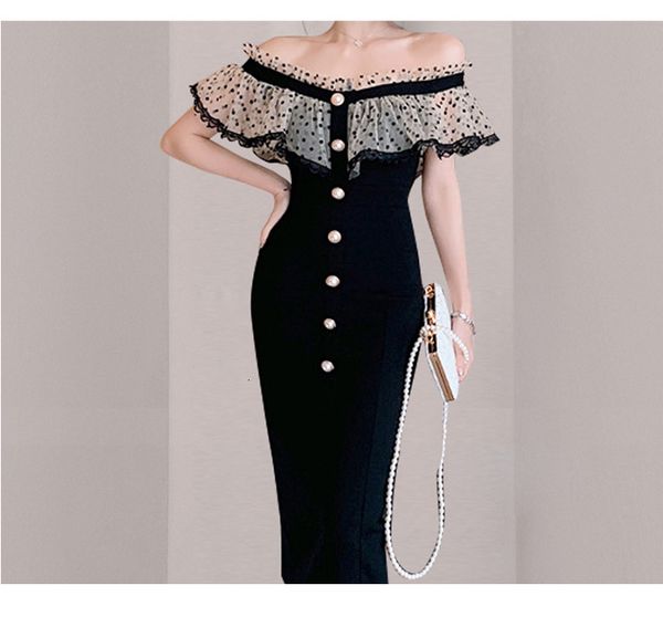 

casual dresses elegant slash neck dress women wave point mesh ruffles patchwork single breasted female bodycon pencil club xmwx, Black;gray