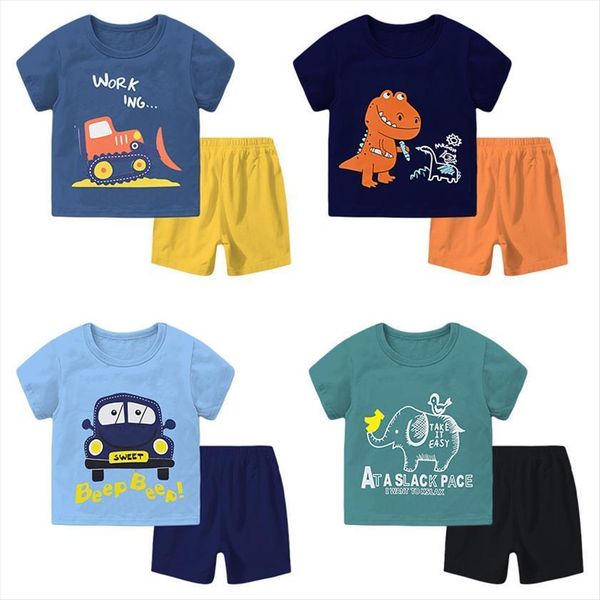 

kids boys girls summer clothing sets cute cartoon o neck short sleeve t shirt with shorts toddler baby pajamas, White