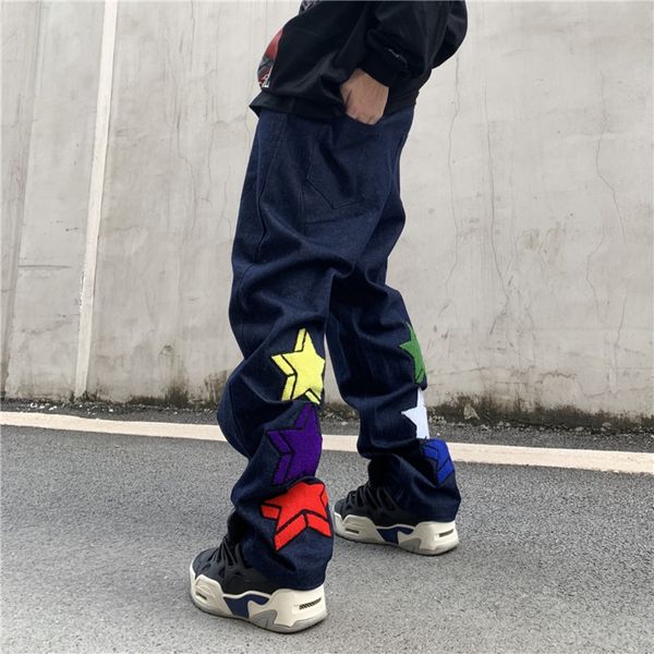 

harajuku - men's star embroidered casual jeans, wear straight, urban style, Blue