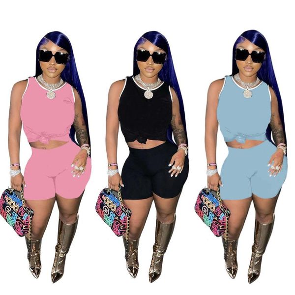 

women's tracksuits s-2xl women casual shorts suit summer 2021 solid color sport sleeveless and two piece set wholesale drop, Gray