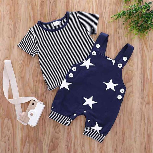 Stile estivo per bambini Set casual manica corta o collo a righe T-shirt stampa stella con bottoni bretelle 2 pezzi vestiti per bambini 210629