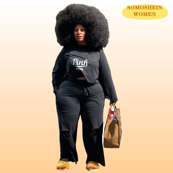 

plus size tracksuits somoshein women clothing loose wide leg pant sets basic letter printing pure color fall clothes casual streetwear, Black