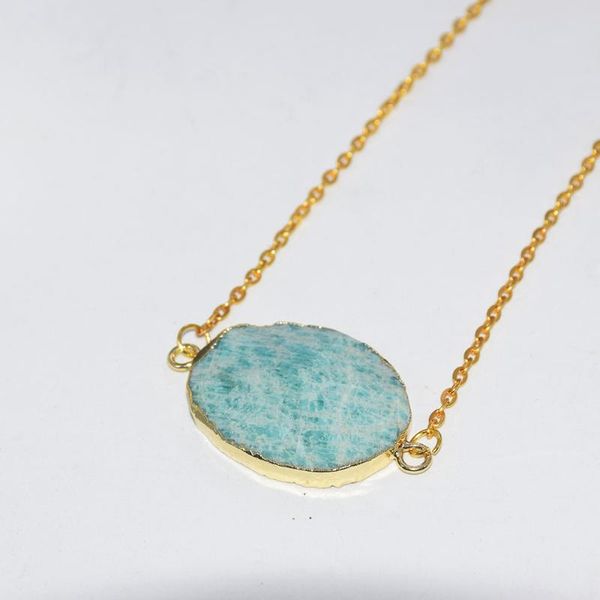 

pendant necklaces natural amazonite gold stone connector necklace female 2021 charms face polish oval big green link chain women, Silver