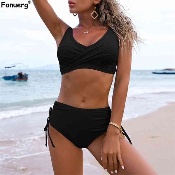 

fanuerg women twist front high waist bikini set swimsuit push up swimwear drawstring tie side bottom 2 piece bathing suit 210728, White;black