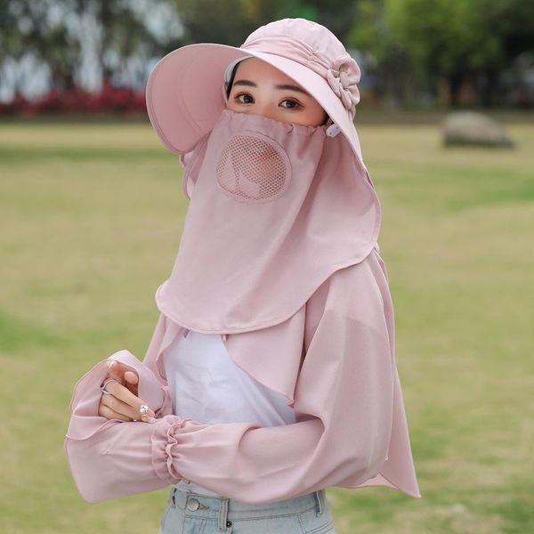 

wide brim hats big edge cover face sunscreen sun hat female summer outing outdoor cycling sunshade lace shawl sleeves, Blue;gray