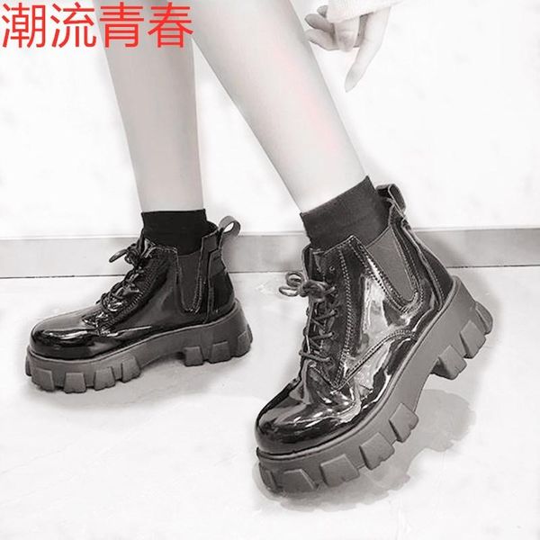 

boots women low heel ankle female lace up gothic black platform ladies leather shoes fashion botas mujer