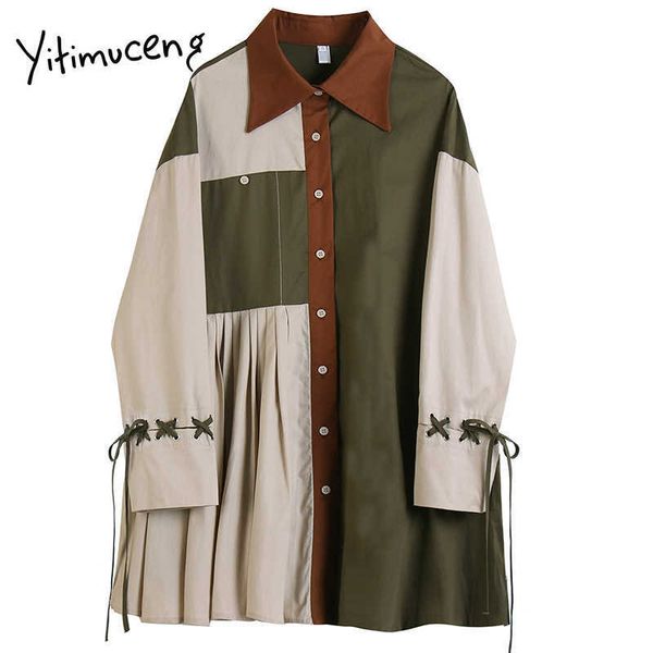 

yitimuceng vintage patchwork bow lace up dresses women a-line spring fashion long sleeve loose waist office lady 210601, Black;gray