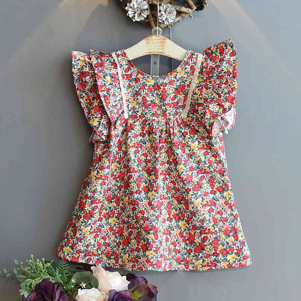 

girls dress summer round neck flying sleeve floral print princess banquet fashion children's 210515, Red;yellow