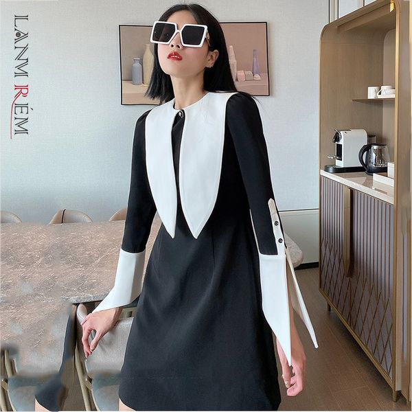 

women black white splicing mini dress round neck flare sleeve loose fit fashion tide spring autumn 2e1349 210507, Black;gray
