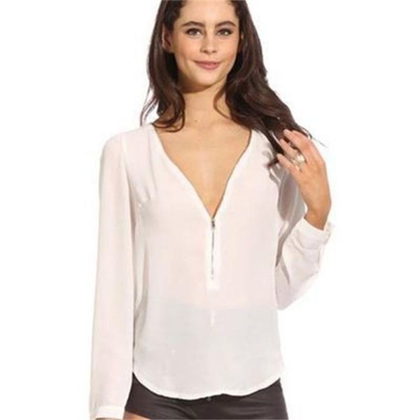 

women's blouses & shirts summer chiffon t-shirt loose v-neck long sleeve solid women fashion casual thin zippper female top, White