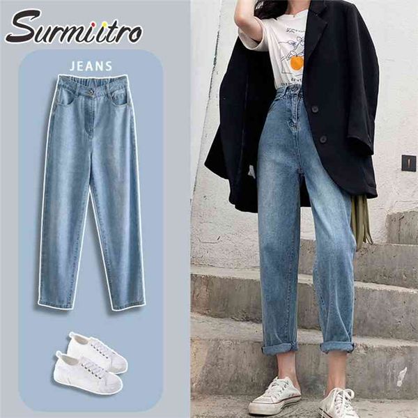 

korean style mom jeans women spring autumn elastic band harem denim pants female high waist boyfrind blue 210421, Black;white