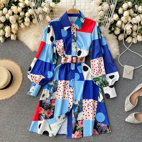 

casual dresses [ewq] korea chic trendy ladies lapel single-breasted printed lace-up long-sleeved loose shirt dress summer 2021 16e498, Black;gray