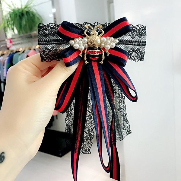 

women's girls bow tie bee striped lace brooch accessories collar pin female crystal brooches neck ties, Blue;purple