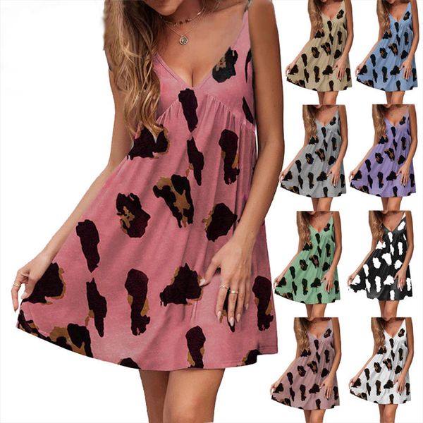 

sleeveless sling womens dresses v neck ruffle leopard summer printing casual mini, Black;gray