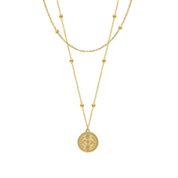 

titanium steel 18k gold engraved eye pendant double layered necklace, Silver