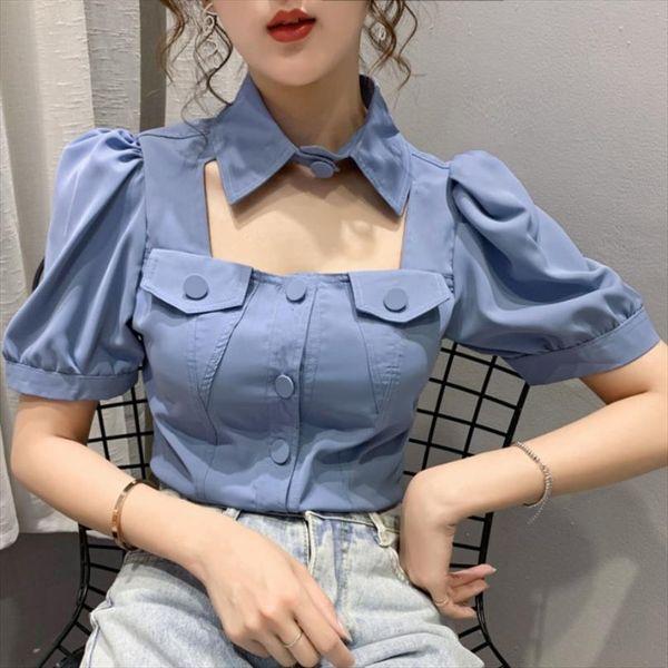 

halter summer short womens shirt fashion casual solid office lady buttons party blusas with pocket, White