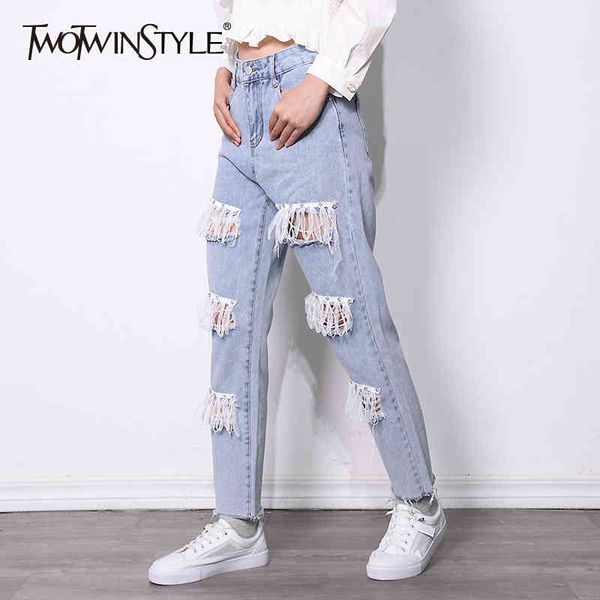 

hollow out casual denim trousers for women high waist patchwork tassel straight jeans female korean spring fashion 210428, Blue
