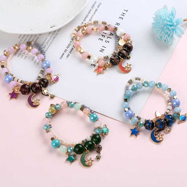 

fashion all-match braceletkorean women's two piece set star moon pendant people's beads student friend sweet, Black