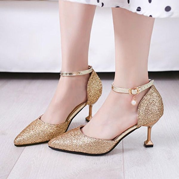

dress shoes plus size 43 women wedding gold heels ankle strap pumps high silver bridal woman bling 7729, Black