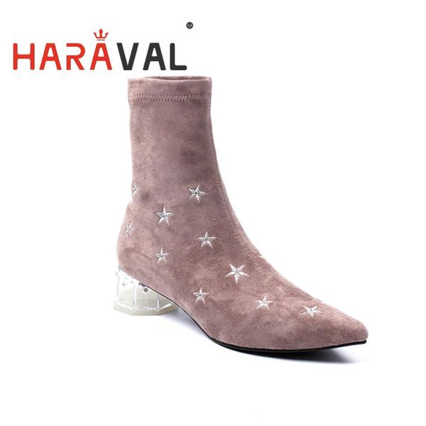 

boots haraval women elastic sock pointed toe transparent thick heels ankle black pink suede fashion shoes e123l
