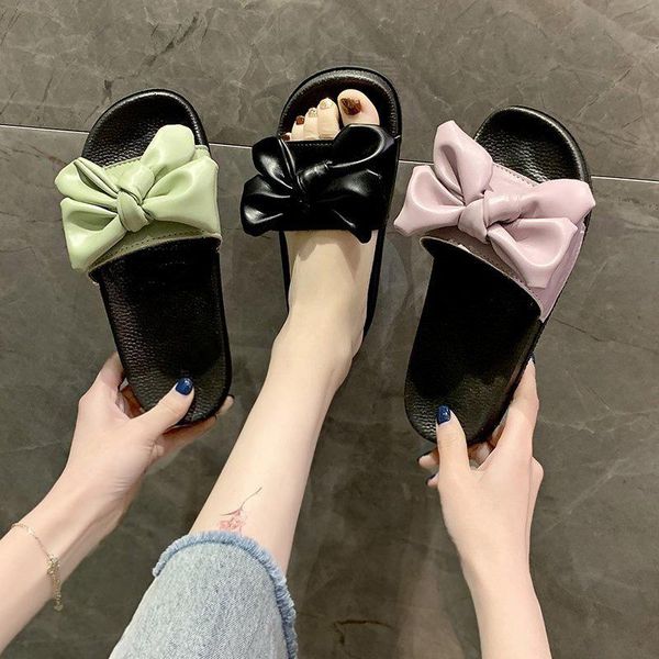 

shoes woman's slippers butterfly-knot slides fashion shale female beach low 2021 flat luxury soft sabot basic pu, Black