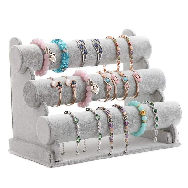 

jewelry pouches, bags triple bracelet holder display stand watch bangle bar necklace storage organizer gray, Pink;blue