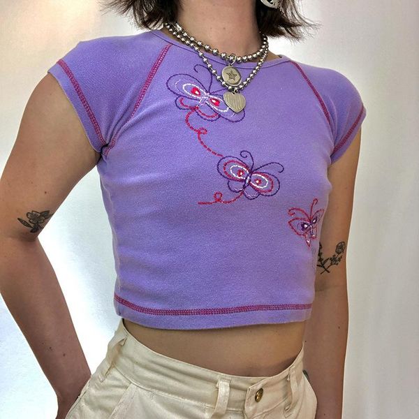 

women's t-shirt shestyle purple short sleeve embroidery butterfly skiny tight tinny crop o neck streetwear stylish t shirts tees, White