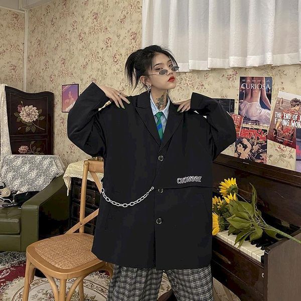 

women's suits & blazers goth harajuku designer metal chains jackets notched outerwear for girl loose plus size clothing women, White;black