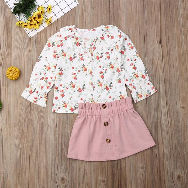 

toddler baby girl clothes sets flower print flare long sleeve pink mini skirt 2pcs outfits spring autumn clothing 2021, White