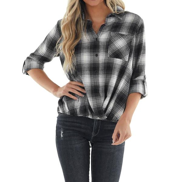 

women's knits & tees women plaid warm shirt female jacket checked coat casual turn-down collar long sleeve autumn blouse fashion loose, White