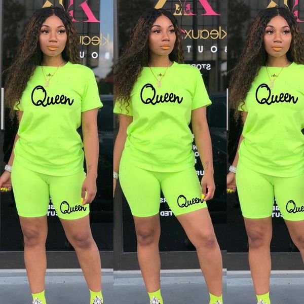 

two piece queen letter summer women tracksuits set short sleeved crew neck t shirt and tight fitting shorts simple style, Gray
