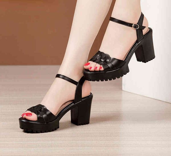 

women's leather wedges, summer high-heeled sandals, trendy beach sandals 32-432022, Black