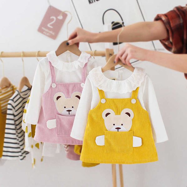 

children's cartoon bear girl pocket corduroy dress spring and autumn 1,2,3-year-old boys' clothing, Red;yellow
