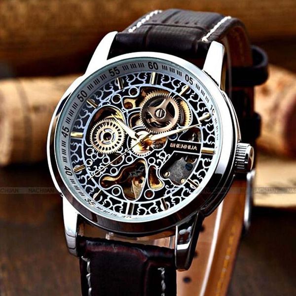 

shenhua fashion vintage watch men skeleton watches leather band automatic mechanical wristwatches relogio masculino reloj hombre, Slivery;brown