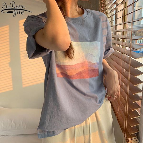 

summer vintage landscape painting women shirts casual short sleeve cotton white tees round-neck female 9999 women's blouses &