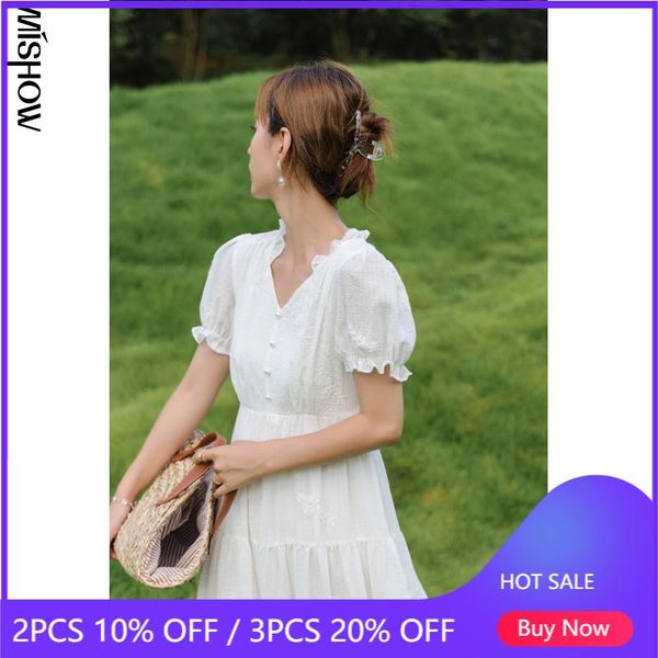 

casual dresses mishow white dress women's 2021 summer korean embroidery puff sleeve v-neck sweet ruffle midi vestido mxa25l0170, Black;gray