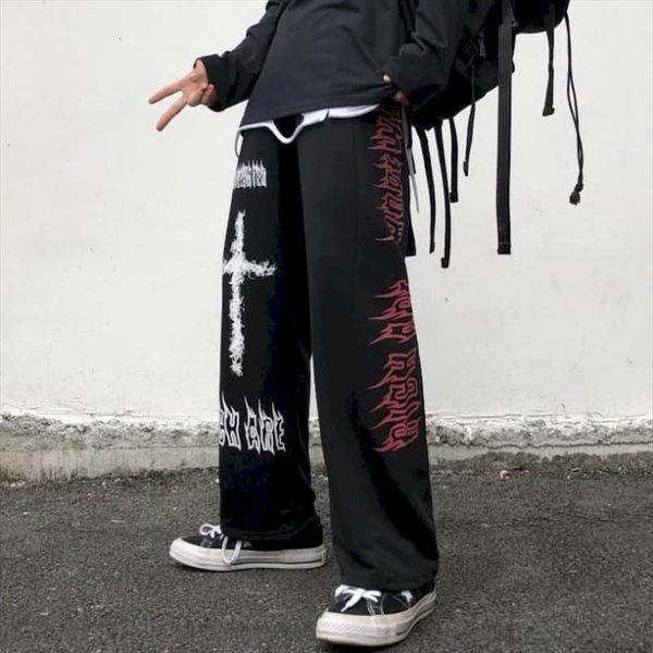 

autumn winter gothic men bottom women pant korea ins harajuku japanese dark sub forced graffiti straight wide leg plus size, Black;white