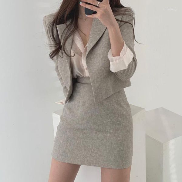 

women's tracksuits office ladies two piece set elegant notched collar single button short jacket + high waist bodycon skirt female 2pcs, Gray