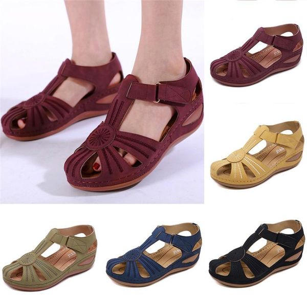 

sandals women summer fashion women's comfortable ankle hollow round toe casual solid hook&loop soft bottom shoes, Black