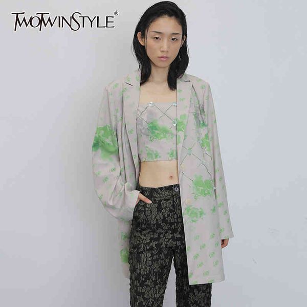 

casual print asymmteircal blazer women notched neck long sleeve hit color suits for female fashion clothes 210524, White;black