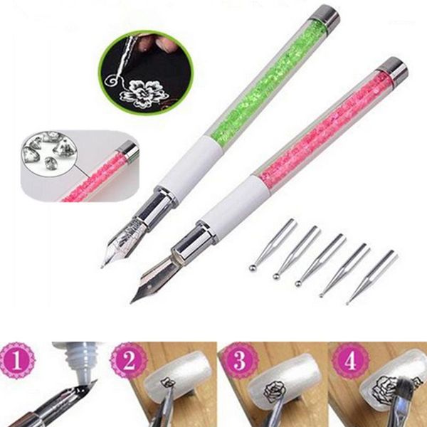 

nail art pen brush 5 dotting head nib rhinestone crystal metal tips painting drawing manicure tool rp kits1