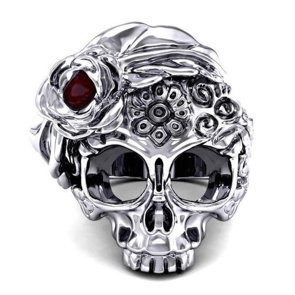 

cluster rings unique and beautiful men's punk style skull ring with red zircon inlaid, great for party wear, Golden;silver