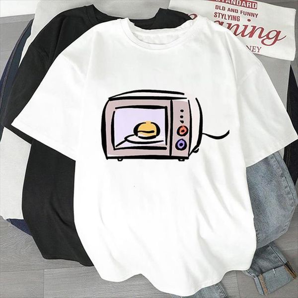 

microwave oven kawaii cartoon womens print summer short sleeve tee, White